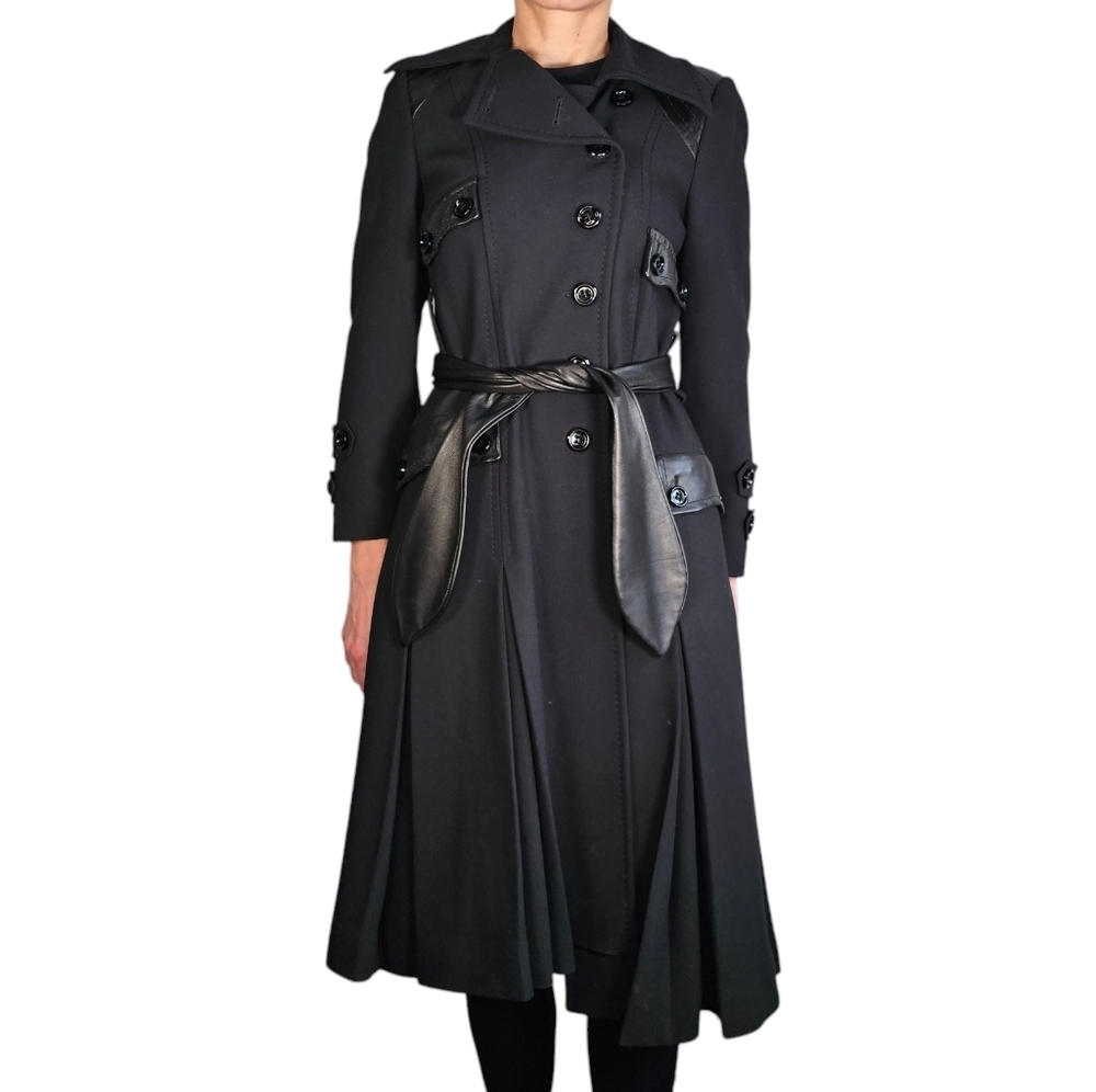 Teresa Tardia Wool Blend Black Belted Midi Fit and Flare Jacket